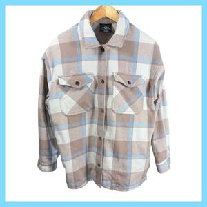 HFX Womens Flannel Shirt‎ Jacket XS Plaid Button Up Shacket Tan Blue